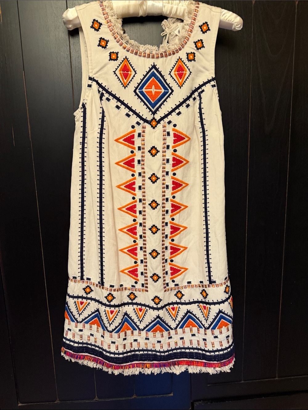 Anthropologie Cream Midi Dress with Orange & Navy Embroidery